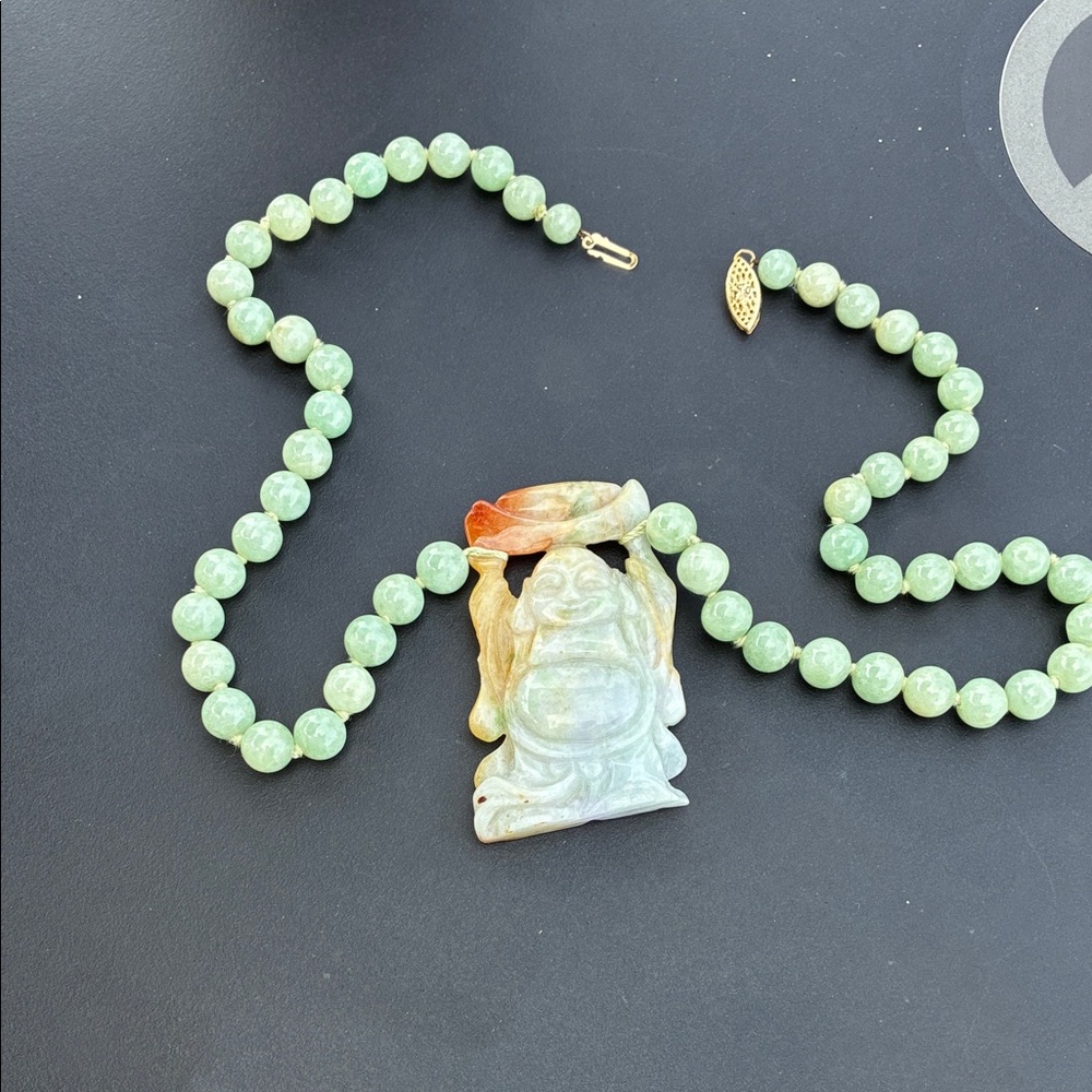 Elegant jade  Beaded Necklace with Buddha Pendant. Clasp is 14k